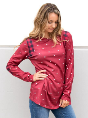 Plaid & Polka Dot Top - Dark Red