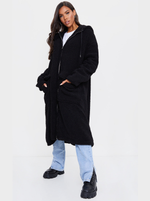 Black Borg Hooded Pocket Front Maxi Parka Coat