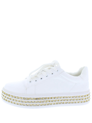 Irene113 White Lace Up Rhinestone Platform Sneaker Flat