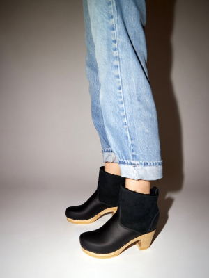 No.6 5" Pull On Shearling Clog Boot On High Heel In Black Suede