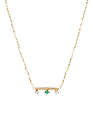14k Gold Round Bar Necklace With Prong Set Mixed Diamonds And Emerald On The Bottom