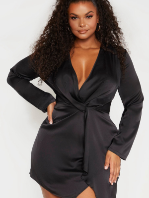 Plus Black Satin Long Sleeve Wrap Dress