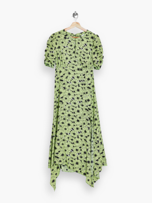 Green Daisy Print Ruched Sleeve Midi Dress