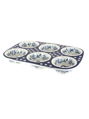 Blue Rose Polish Pottery Blue Violet Muffin Pan