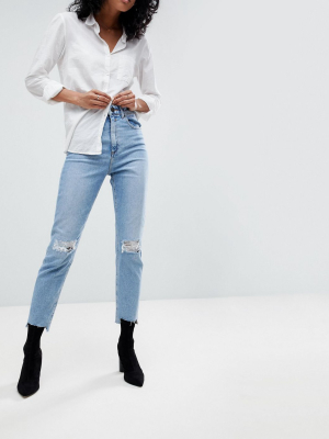 Asos Design High Rise Farleigh 'slim' Mom Jeans In Light Vintage Wash With Busted Knee And Rip & Repair Detail