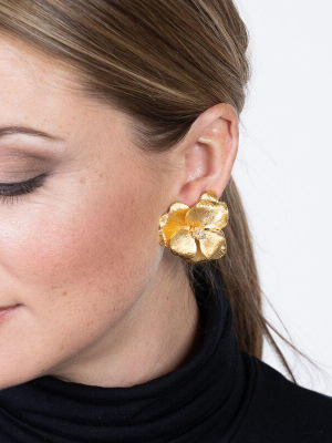 Satin Gold Cluster Crystal Center Flower Clip Earrings