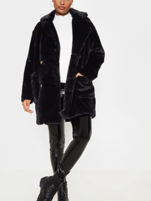 Black Faux Fur Double Breasted Button Detail Coat