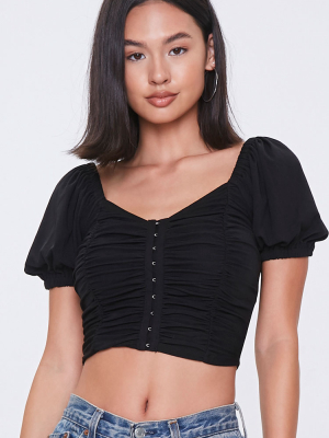 Ruched Hook-and-eye Crop Top