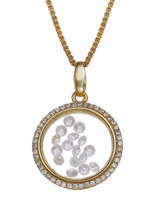 Sterling Silver Round Locket With Floating Clear Cubic Zirconia Necklace In 14k Gold (18")