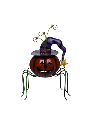 Transpac Metal 19 In. Orange Halloween Spider Pumpkin Candle Holder