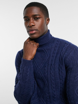 Asos Design Lambswool Cable Knit Rollneck Sweater In Navy