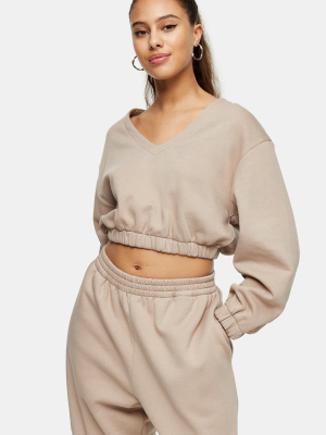 Petite Premium Leisure Stone V Neck Cropped Sweatshirt