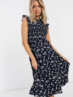 Pieces Midi Dress With Ruched Bust In Black Ditsy Floral