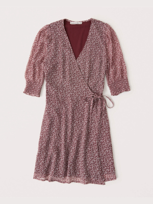 Smocked Sleeve Wrap Dress