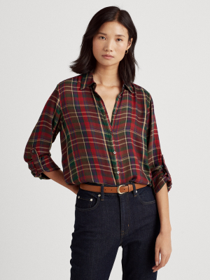 Plaid Roll-tab-sleeve Twill Shirt