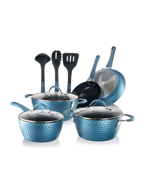 Nutrichef Elegant Lines Nonstick Ceramic Cooking Kitchen Cookware Pots And Pan Set With Lids And Utensils, 11 Piece Set, Blue
