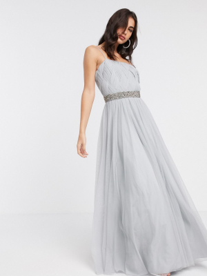 Asos Design Tulle Embellished Waist Cami Maxi Dress In Silver Blue