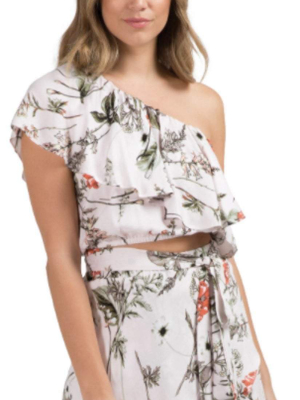 Elan Ruffled One Shoulder Crop Top In Pale Pink Botanical Scp1908-ppk-bo