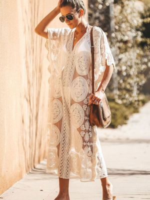 Scalloped Edge Sheer Lace Crochet Maxi Kaftan Boho Cover Up