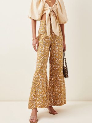 Manuela Belted Paisley Linen Wide-leg Trousers