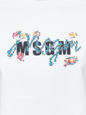 Msgm Floral Logo Printed Cropped T-shirt