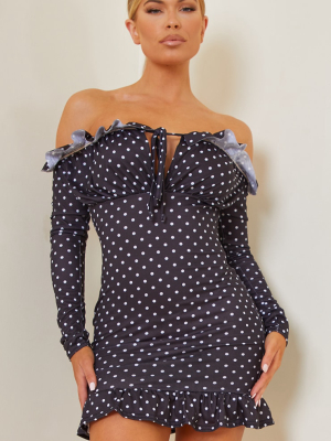 Black Polka Dot Print Frill Detail Tie Bust...