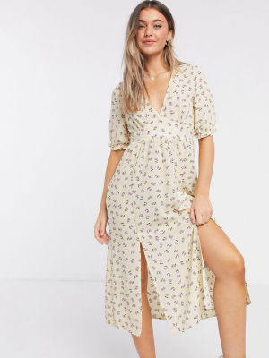 Monki Reese Recycled Polyester Floral Print Midi Dress In Yellow