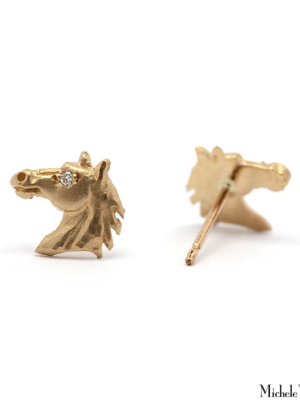 Tiny Stallion Horse Diamond And Gold Stud Earrings