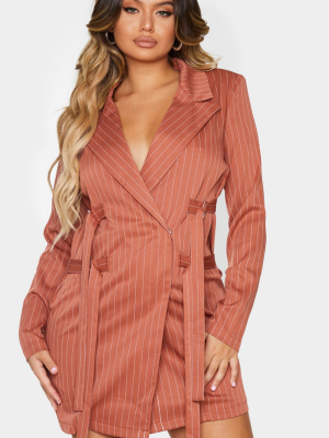 Terracotta Pinstripe Buckle Detail Blazer Dress