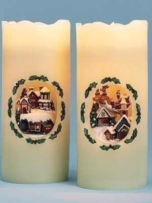 Roman 7" White And Green Santa's Train Station Led Lighted Christmas Pillar Candle