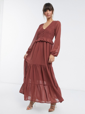 Asos Design Shirred Ruffle Tiered Maxi Dress In Brown