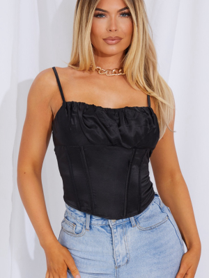 Black Woven Ruched Bust Corset Long Top