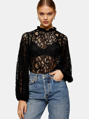 Black Volume Sleeve Lace Top