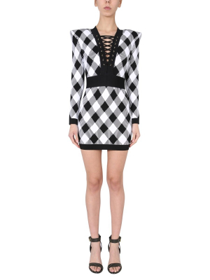 Balmain Checked Lace-up Mini Dress