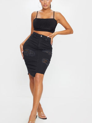 Shape Black Ripped Stretch Cut Hem Midi Denim...