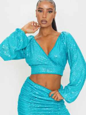 Light Blue Sequin Plunge Wrap Front Balloon...