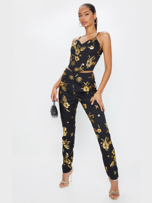 Black Floral Foil Printed Cigarette Pants