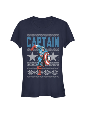 Junior's Marvel Ugly Christmas Captain America Star T-shirt