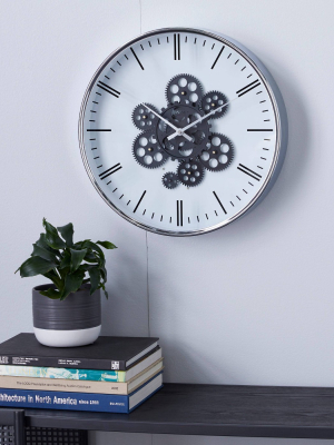 16" X 16" Round Metal Wall Clock With Functioning Gear Center Black/white - Olivia & May