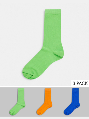 Asos Design Ankle Socks In Blue Orange & Green 3 Pack