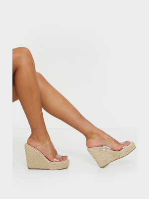 Nude Twin Strap Clear Mule Espadrille Wedges