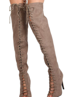 Interest87 Taupe Suede Lace Up Peep Toe Stiletto Boot