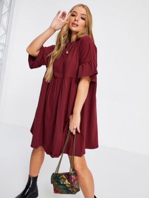 Asos Design Super Oversized Frill Sleeve Smock Dress In Burgundy