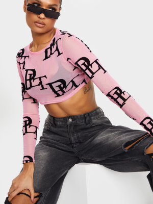 Prettylittlething Pink Flock Long Sleeve Crop Top