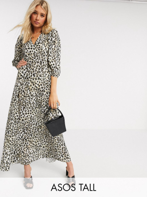 Asos Design Tall Exclusive Trapeze Maxi Dress With Puff Sleeve In Leopard Print