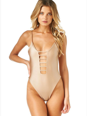 Cage Strappy High Cut One Piece Swimsuit - Dark Sand Brown