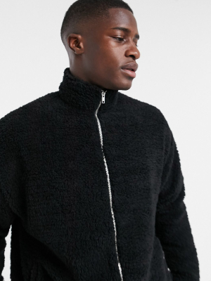 Asos Design Oversized Track Top In Black Teddy Borg