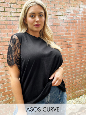 Asos Design Curve T-shirt With Lace Sleeve Detail In Black