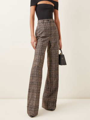 Pleated High-rise Plaid Wide-leg Trousers