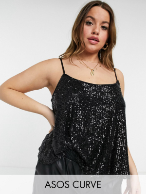 Asos Design Curve Sequin Scoop Neck Cami In Black